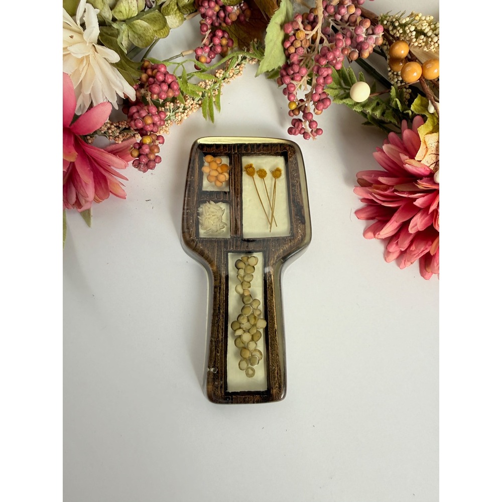 Vintage Lucite Resin Spoon Rest Dried Flowers Grains Seeds Kitchen Decor 8in